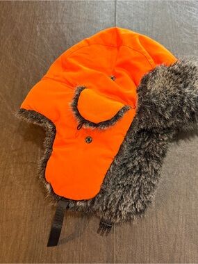 Adult Orange Faux-Fur Lined Trapper Hat with Chin Strap